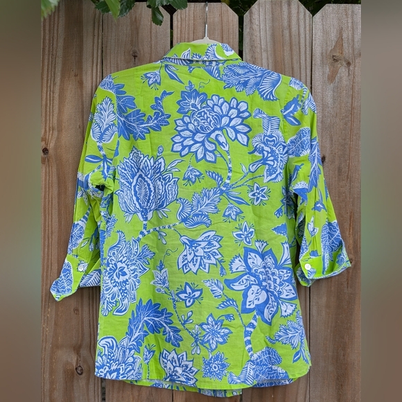 Gretchen Scott Lime Green and Blue Floral Patterned Button Down Shirt - Picture 7 of 14